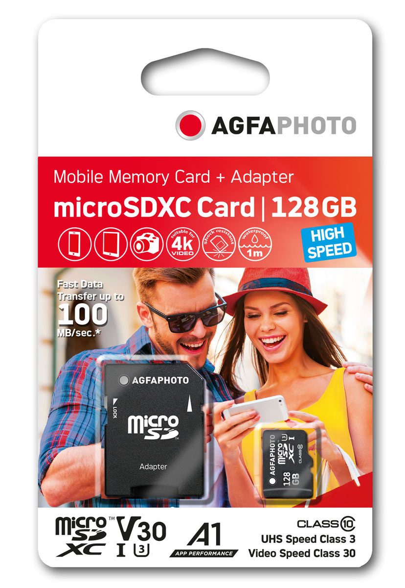 AgfaPhoto 128GB microSDXC-Karte Class10 inkl. SD-Adapter, V30, U3, A1, 50/100MBs