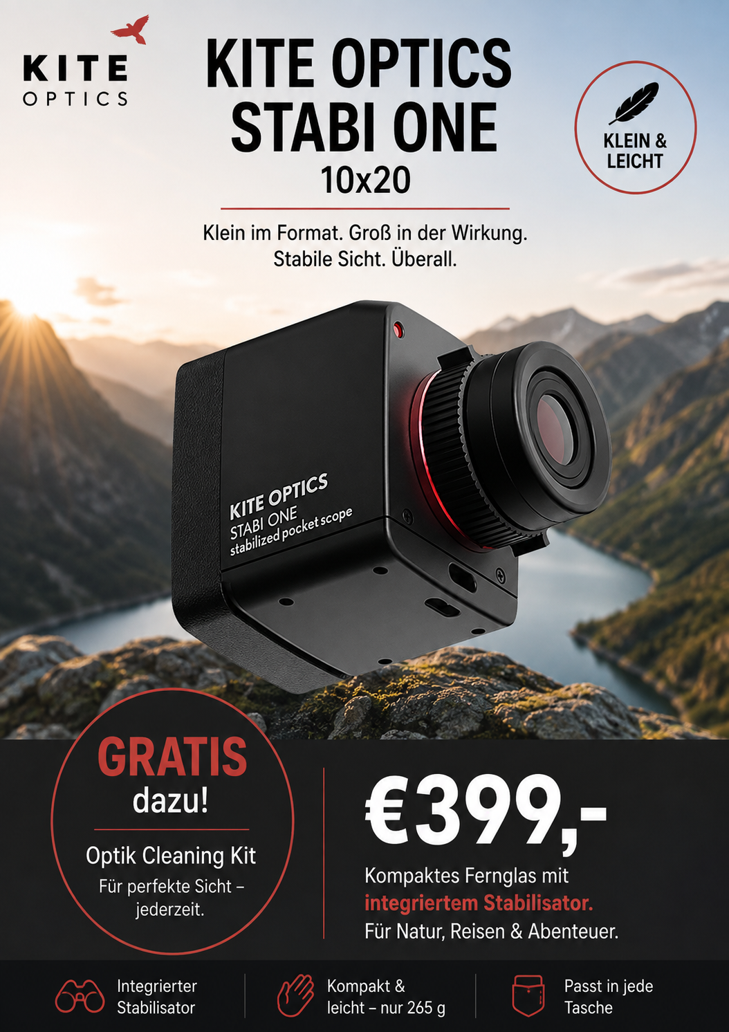 Kite Optics 10x20 STABI ONE | Monokular-Fernglas | OIS-Stabilisator | inkl. Smartphone-Halterung | 1x AAA-Batterie optional |
