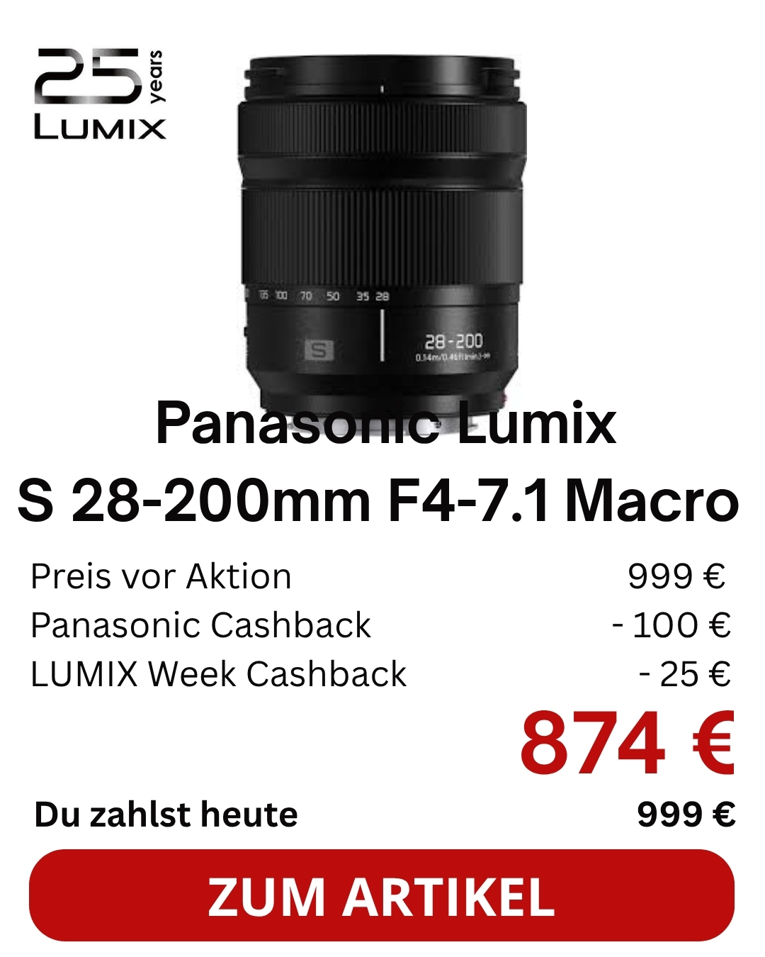 Panasonic S 28-200mm/4,0-7,1 Macro OIS 024 | Ø67mm | FullFrame, L-Mount für S-Serie-Kameras | 5 Jahre Garantie nach Registrierung | € 100 Cashback bis 13.11.2026 + € 25 bis 28.10. | UVP € 999