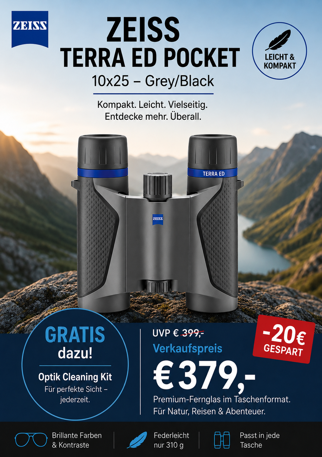 Zeiss Terra ED Pocket 10x25 grey/black | 3 Jahre Garantie nach Registrierung | UVP € 399