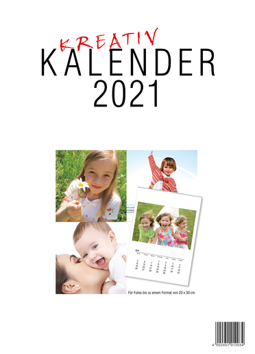 Kreativ Kalender 2027 f. 20x30cm Fotos hoch/quer, weiß/schwarz-wendbar, Kalendarium abtrennbar