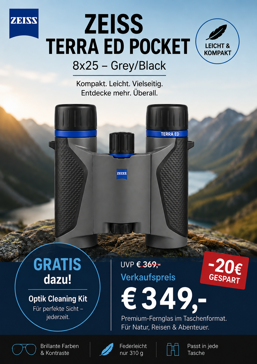 Zeiss Terra ED Pocket 8x25 grey/black | 3 Jahre Garantie nach Registrierung | UVP € 369