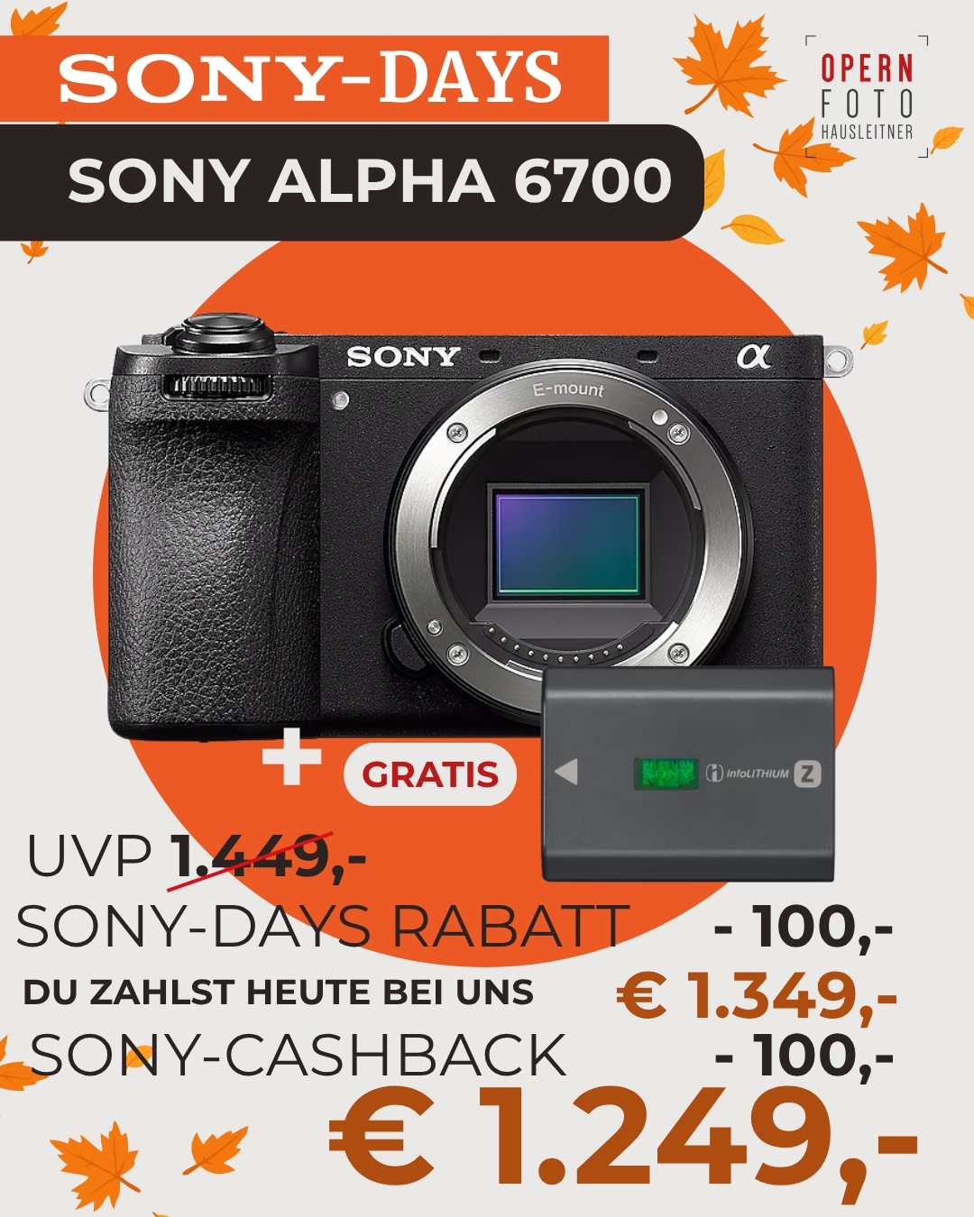 Sony Alpha 6700 Gehäuse (ILCE6700B) | € 100 Sony-Days-Rabatt bis 3.11.2025 & Zweitakku gratis | € 100 Cashback bis 31.01.2026 auf www.sony.at/cashback/winter |