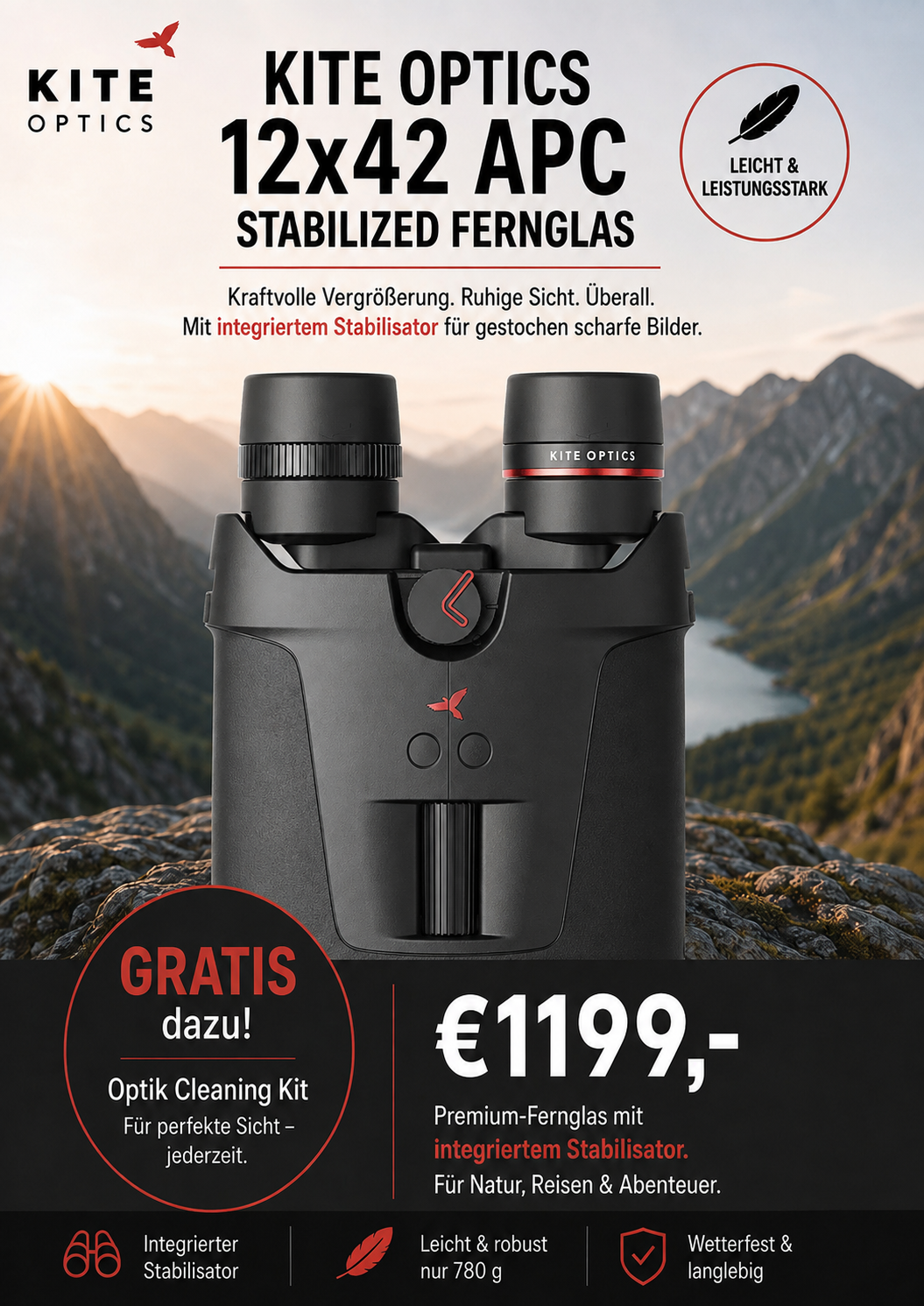Kite Optics 12x42 APC Stabilized Fernglas | integrierter Bildstabilisator | wasserdicht | 720g | UVP € 1250
