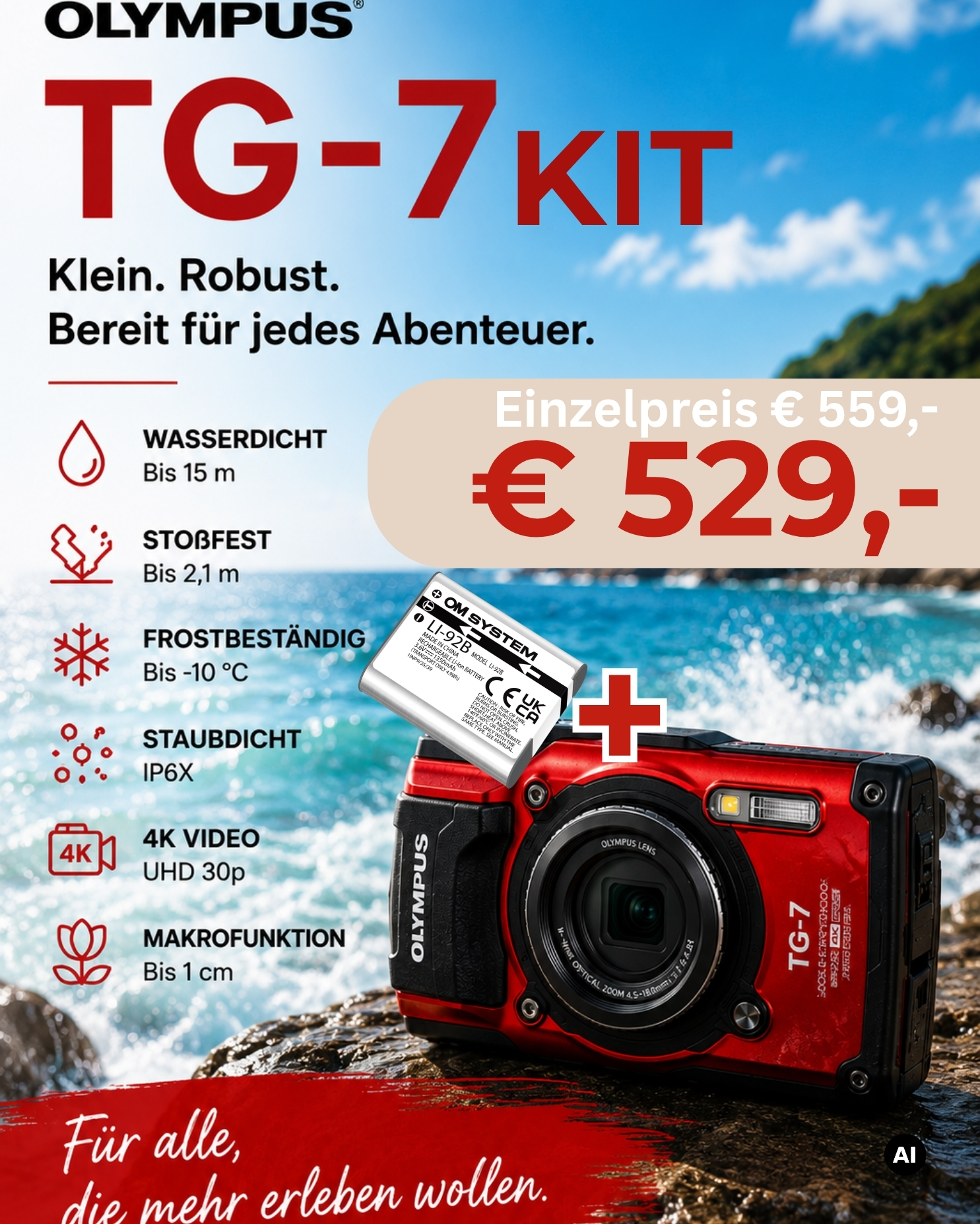 OM SYSTEM TG-7 rot Special Edition | Kamera inkl. 2. LI-92B Akku + Peter Hadley Tuch | die Outdoor-Kamera |