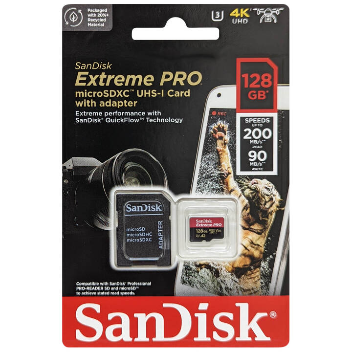 SanDisk microSD 128GB 200MB/s Extreme PRO R200/W90 microSDXC 128GB Kit, UHS-I U3, A2, Class 10