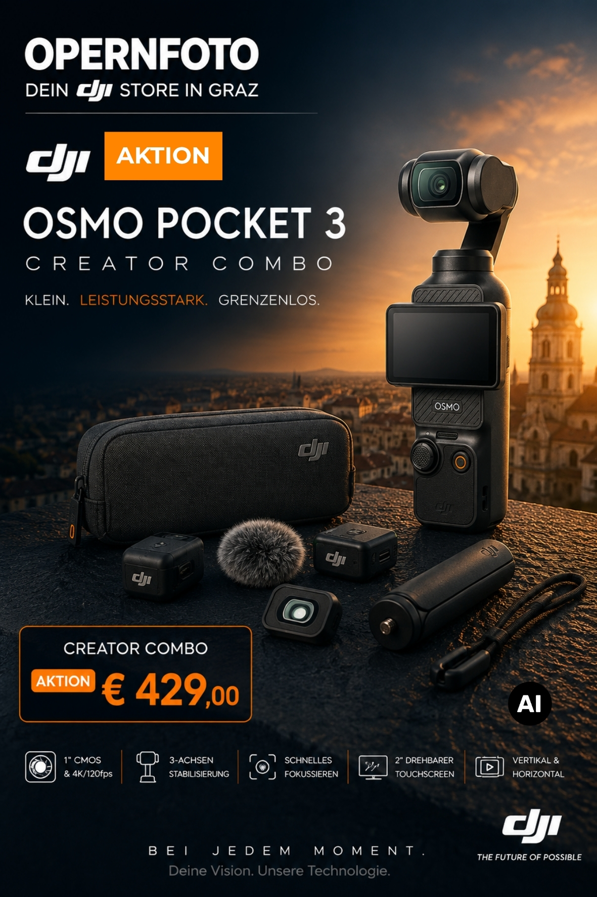 DJI Osmo Pocket 3 Creator Combo | VLOG-Kamera | 1-Zoll-CMOS | 4K/120 fps | 3-Achsen-Gimbal | onboard MIC | für YouTube uvm