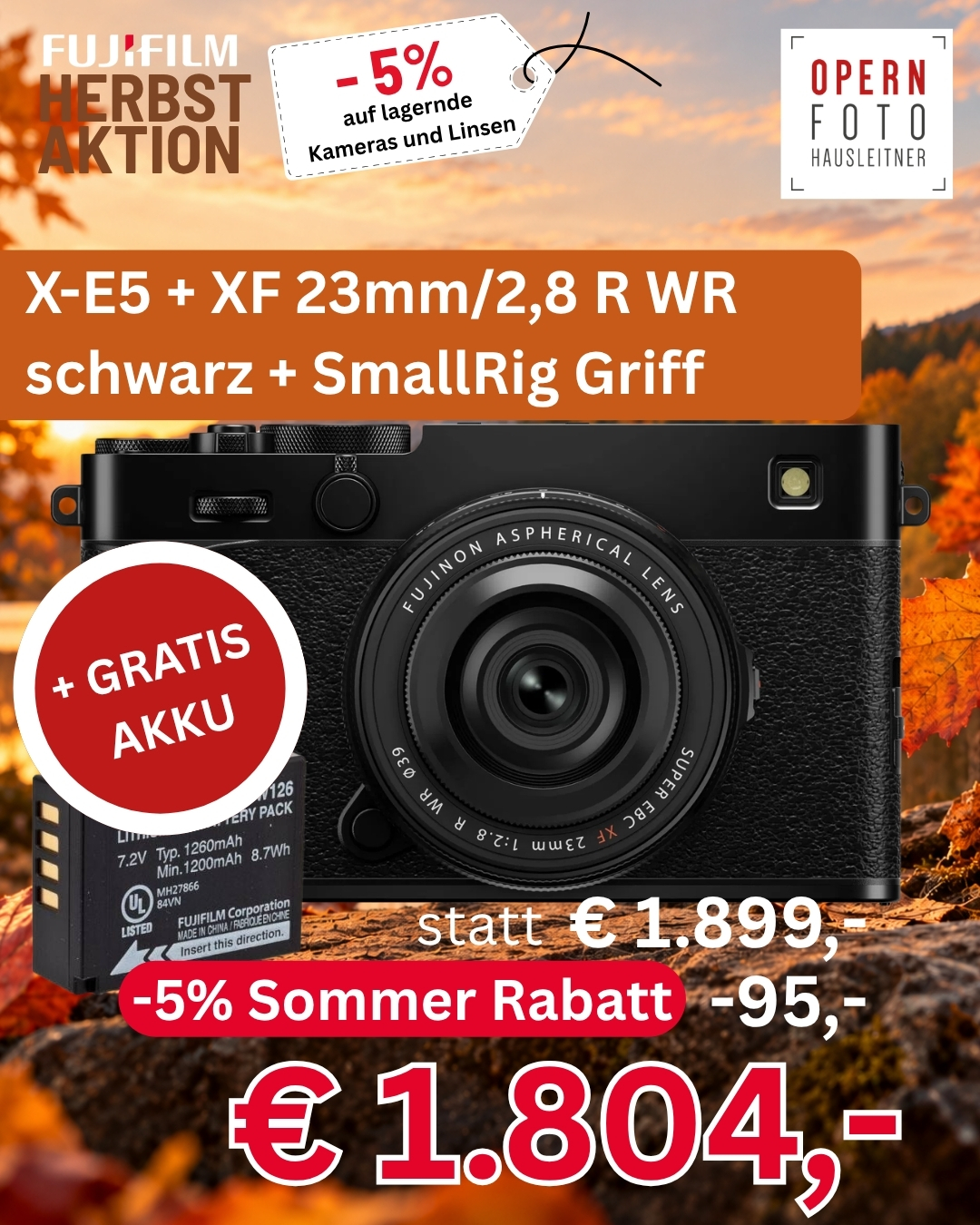 Fujifilm X-E5 schwarz + XF 23mm/2,8 R WR | inkl. Haida 39 ClearProtector + Deluxe RedButton | Ø39mm | 40,2MP BSI APS-C | Sensorshift-IS | 535g |  SmallRig 5447 Griff