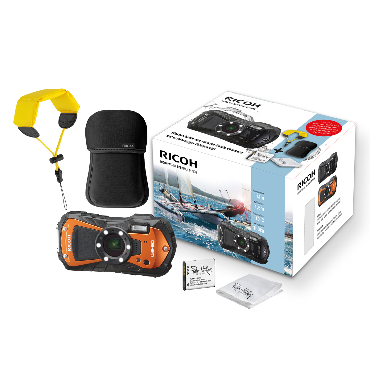Ricoh WG-80 Special Edition ORANGE inkl. Neopren-Case, Floating Strap, Peter Hadley Zweitakku, Putztuch