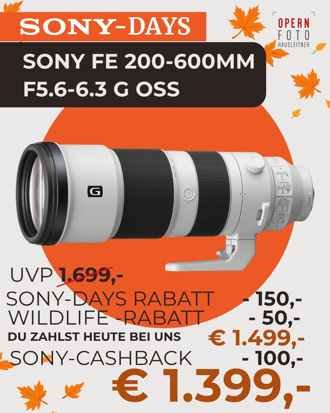 Sony FE 200-600mm/5,6-6,3 G OSS (SEL200600G) | Ø95mm | € 100 Cashback bis 31.01.2026 auf www.sony.at/cashback/winter | € 50 Wildelife-Sofortrabatt bis 31.10.2025 wird noch abgzogen |