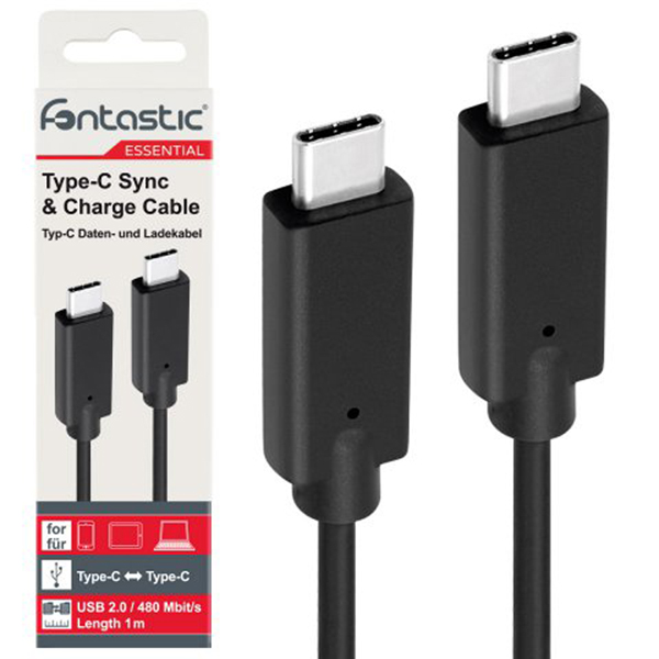Fontastic Essential USB 2.0 Type-C > USB Type-C Datenkabel, 1 m, schwarz | Daten- und Lade-Kabel | 1,2m | 480Mbit/s |