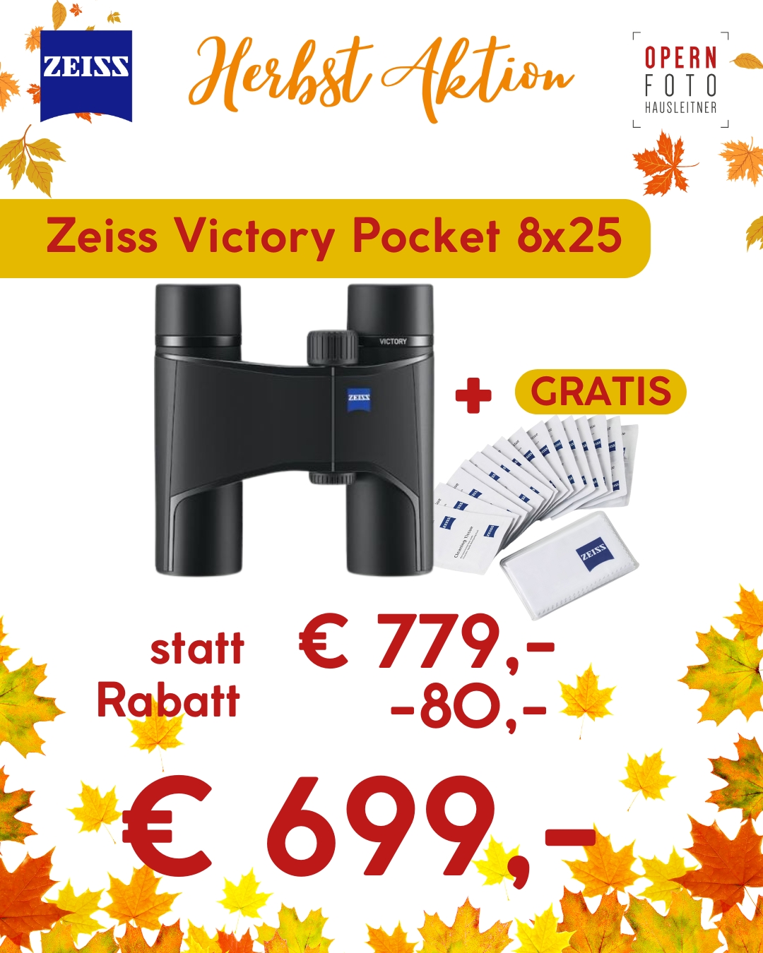 Zeiss Victory Pocket 8x25 schwarz | -80 € Herbst-Rabatt bereits abgezogen | Zeiss feuchte Reinigungstücher GRATIS dazu - 3 Jahre erweiterte Garantie nach Registrierung