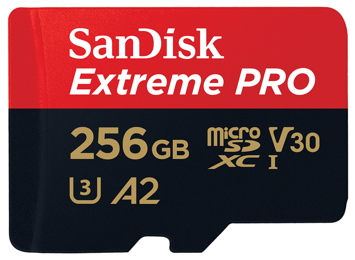 SanDisk microSDXC 256GB Extreme Pro 200MB/s UHS-I U3, V30, A2, C10+ SD Adapter