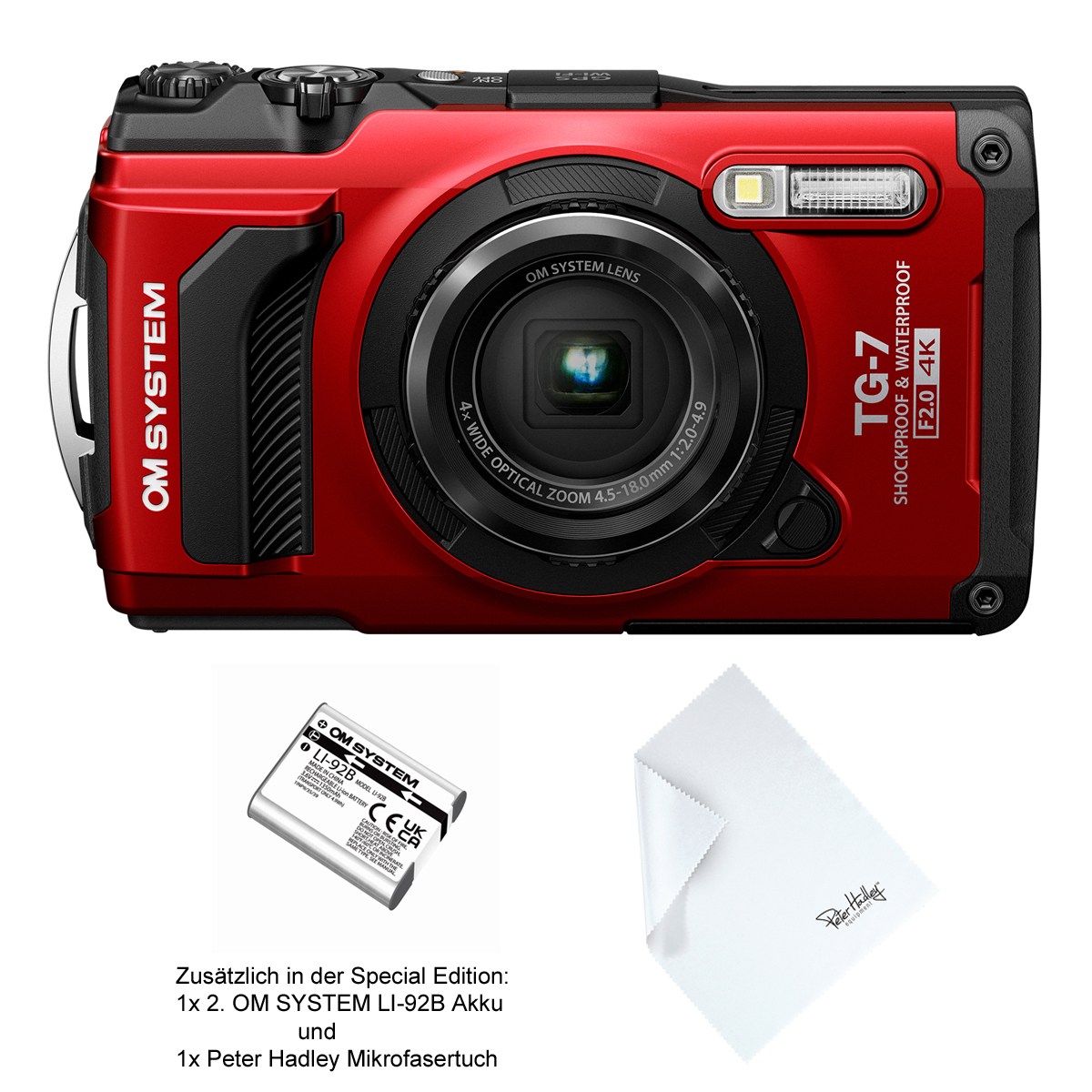 OM SYSTEM TG-7 rot Special Edition | Kamera inkl. 2. LI-92B Akku + Peter Hadley Tuch | die Outdoor-Kamera | 4002451007375