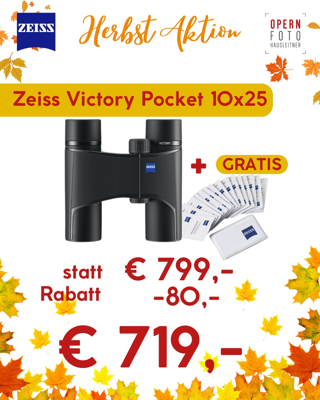 Zeiss Victory Pocket 10x25 schwarz | -80 € Herbst-Rabatt bereits abgezogen | Zeiss feuchte Reinigungstücher GRATIS dazu |- 3 Jahre erweiterte Garantie nach Registrierung