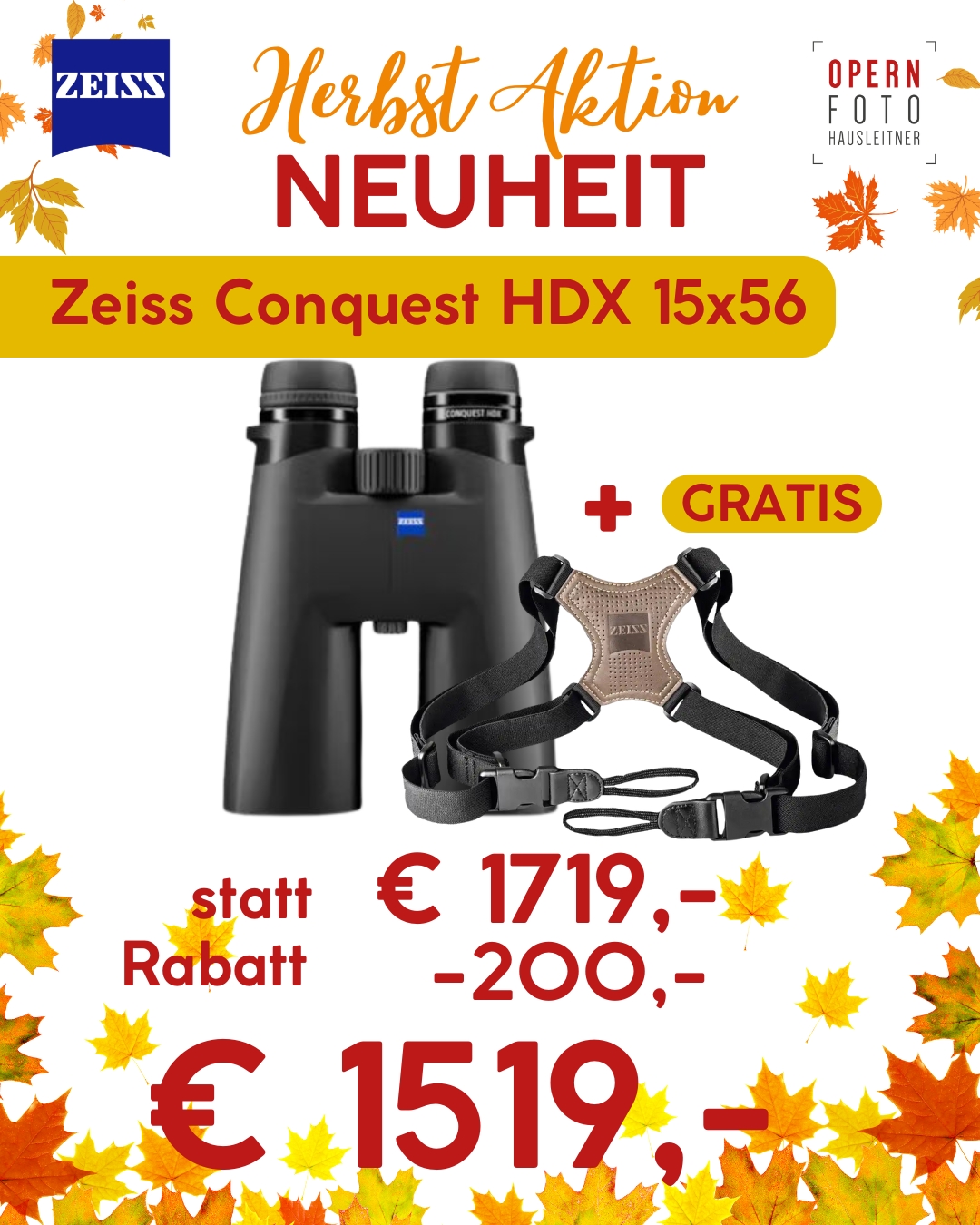 Zeiss Conquest HDX 15x56 | Premium-Fernglas | -200 € Herbst Rabatt bereits abgezogen | Komfort-Tragegurt GRATIS dazu | 3 Jahre erweiterte Garantie nach Registrierung