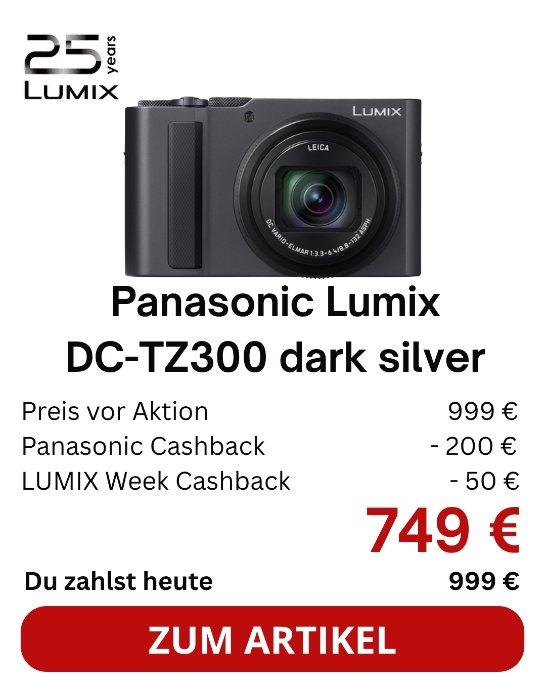 Panasonic DC-TZ300 dark silver High-End Reisezoom Kamera | € 200 Cashback bis 13.11.2026 + € 50 bis 28.10.2026 auf panasonic.com/de |