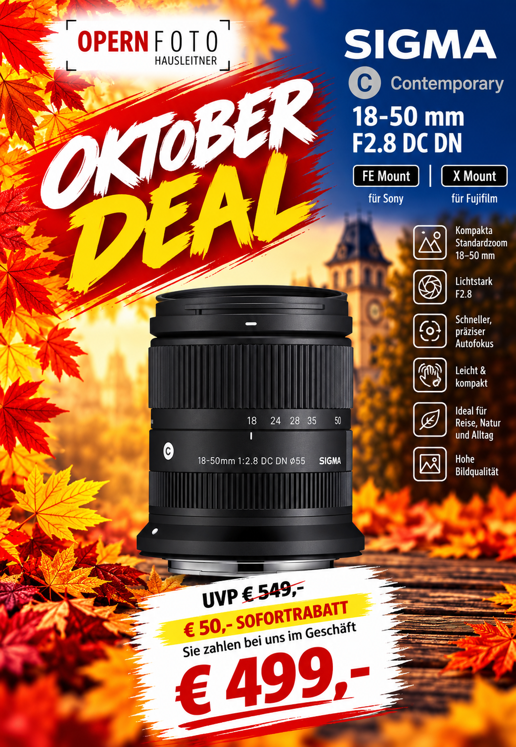 Sigma 18-50mm/2,8 DC DN (C) 021 Fujifilm-X-Mount | Ø55mm | APS-C | 1+5 Jahre Garantie nach Registrierung auf escherfoto.com | € 50 Sofortrabatt bis 01.12.26 wird noch abgezogen |