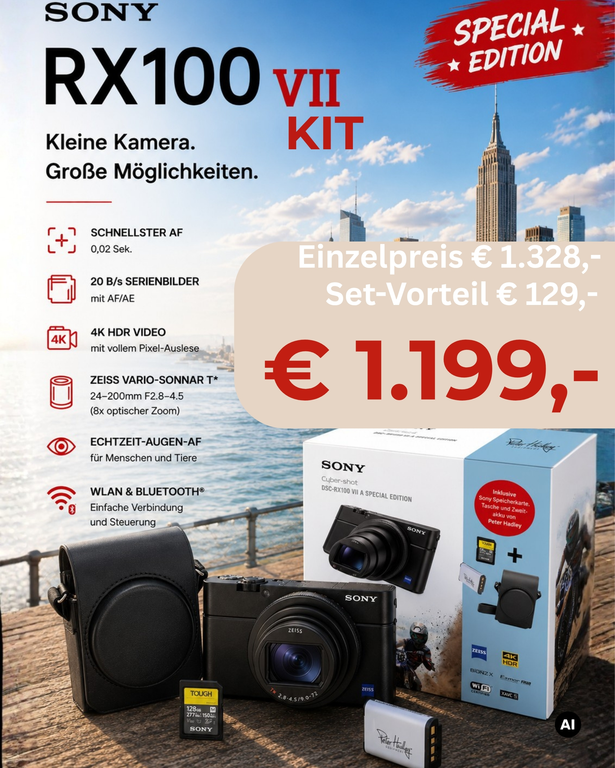 Sony DSC-RX100VII A Special Edition RX100M7A-KIT | inkl. Leder-Tasche + 2. Akku + Sony 128GB SD-XC Speicherkarte UHS-II