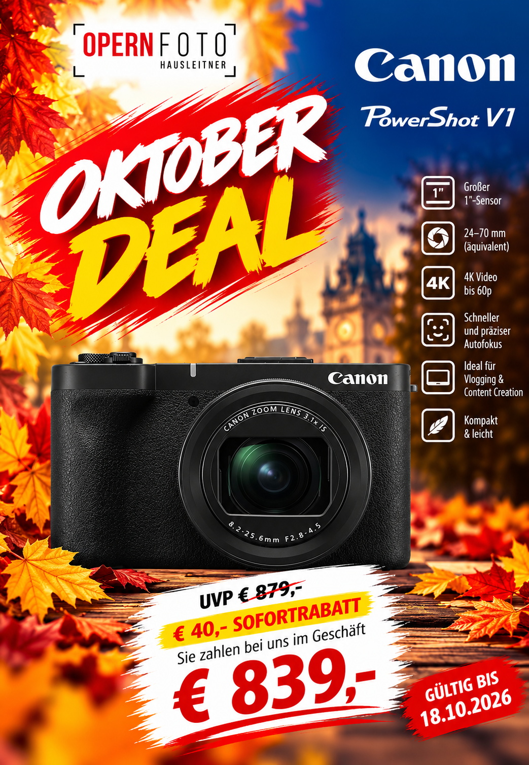 Canon Powershot V1 | Content Creator-Kompakt | 22MP | 1,4-Zoll-Sensor | 16-50mm/2,8-4,5 | 4K 60p | Vlogger | Livestreamer
