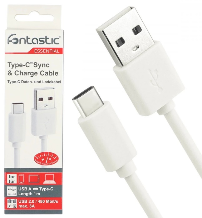 Fontastic Essential USB 2.0 A>USB-C weiß Datenkabel, 1 m