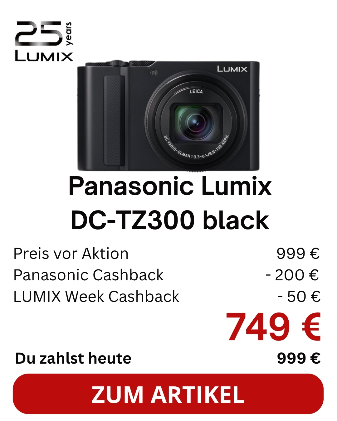 Panasonic DC-TZ300 schwarz High-End Reisezoom Kamera | € 200 Cashback bis 13.11.2026 + € 50 bis 28.10.2026 auf panasonic.com/de |