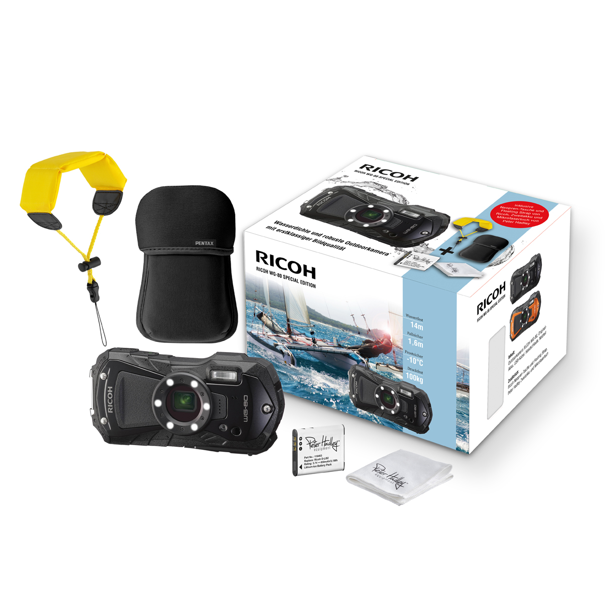 Ricoh WG-80 Special Edition SCHWARZ inkl. Neopren-Case, Floating Strap, Peter Hadley Zweitakku, Putztuch 4002451007436