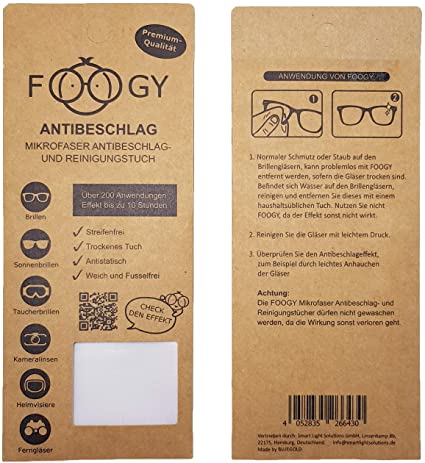 Foogy Antibeschlagtuch - für über 200 Anwendungen Effekt bis zu 10 Stunden! So bleibt Ihre Brille immer frei von Beschlag! 4052835266430