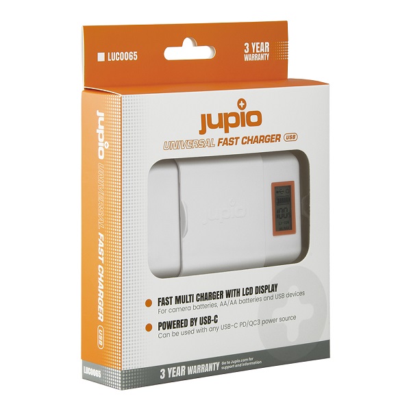 Jupio Universal Fast Charger USB-C  | läd fast alle Akkus | variable Kontakte | LCD zeigt % an |