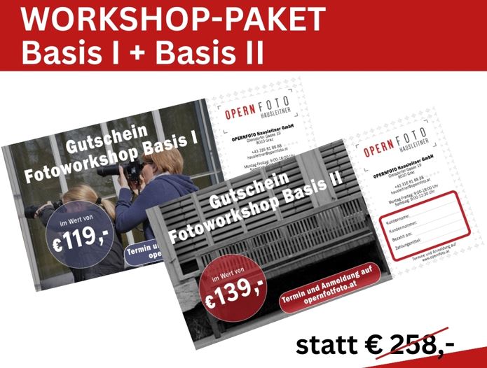 Geschenkgutschein - Workshop-Paket Basis I+BasisII zum Vorteilspreis statt € 258,- | Termine und Anmeldung auf www.opernfoto.at