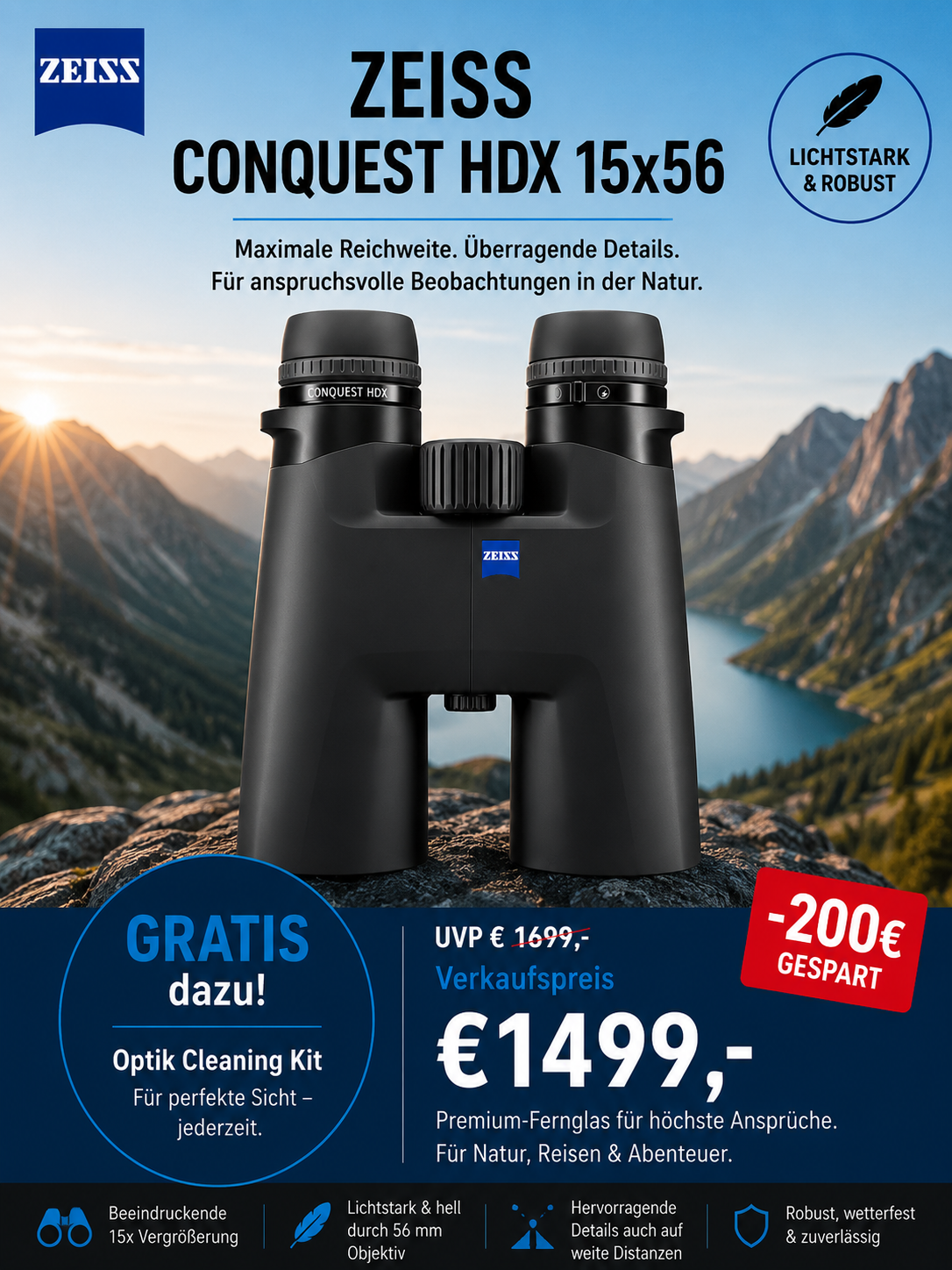 Zeiss Conquest HDX 15x56 | Premium-Fernglas | 3 Jahre Garantie nach Registrierung | UVP € 1719