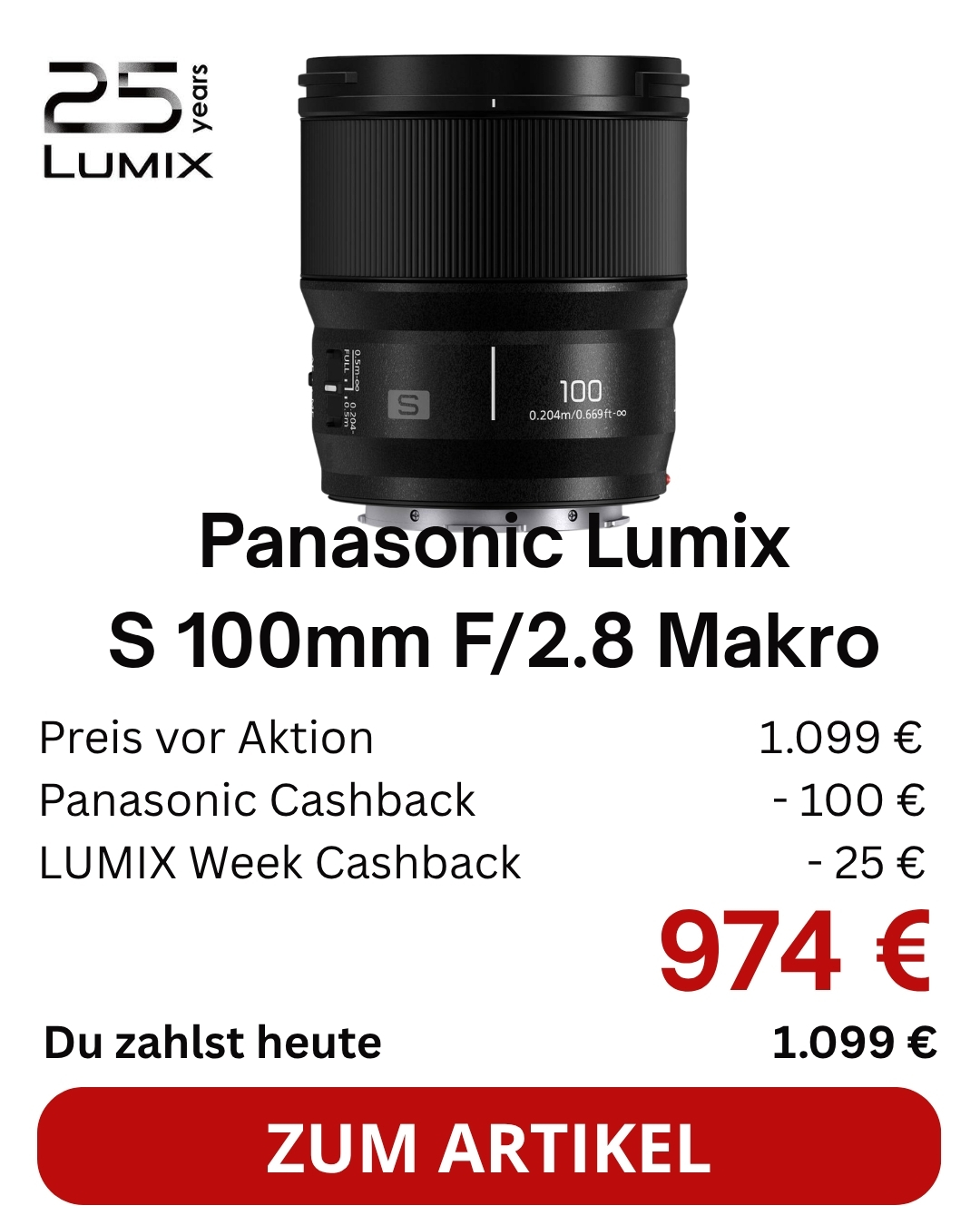 Panasonic S 100mm/2,8 Macro 024 (S-E100E) | Ø67mm | FullFrame, L-Mount für S-Serie-Kameras | 5 Jahre Garantie nach Registrierung | € 100 Cashback bis 13.11.2026 + € 25 bis 28.10. | UVP € 1.099