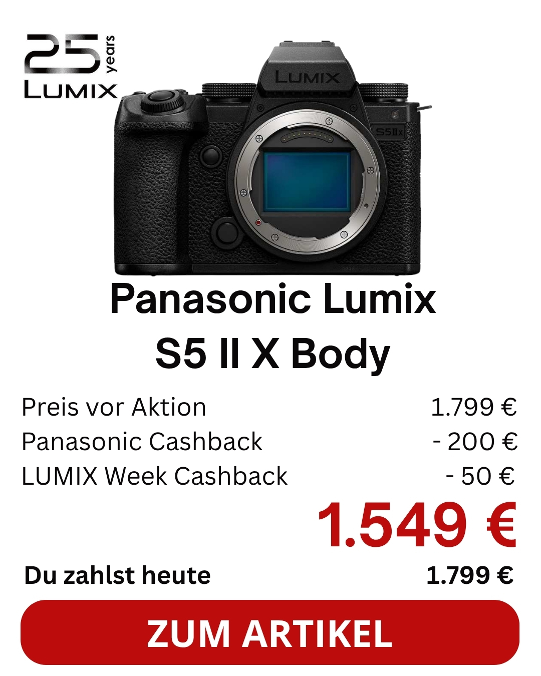 Panasonic S5 II X Gehäuse (DC-S5M2XE/S5M2XE/S5IIX) | FullFrame, L-Mount für S-Serie-Objektive | 5 Jahre Garantie nach Registrierung | € 200 Cashback bis 13.11.2026 + € 50 bis 28.10. | UVP € 1799