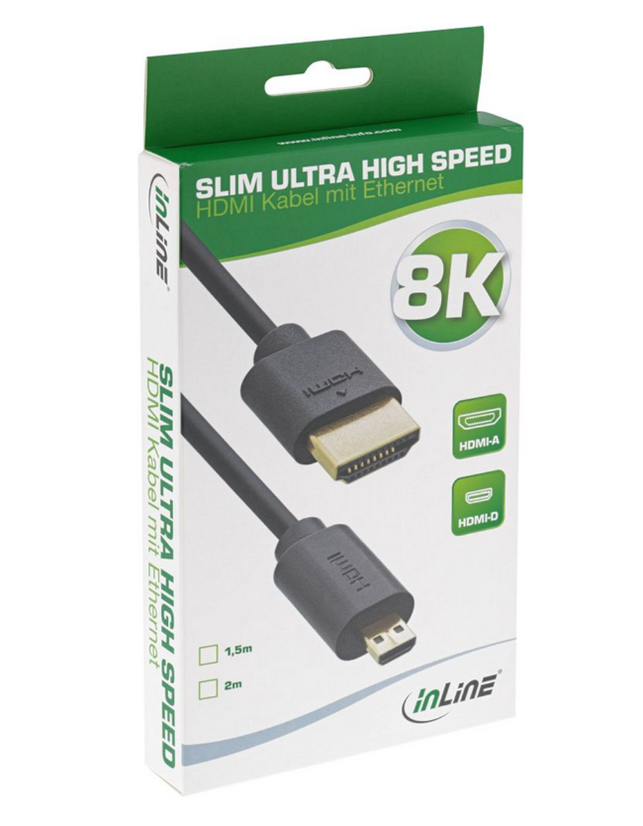 InLine HDMI-Kabel A- auf D-Stecker (Micro) | 8K4K | schwarz/gold | 2m | Slim Ultra